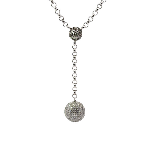 14k White Gold Diamond Y-Drop Disco Ball Necklace with Brilliant Round Cut Pave Ball 401-10315