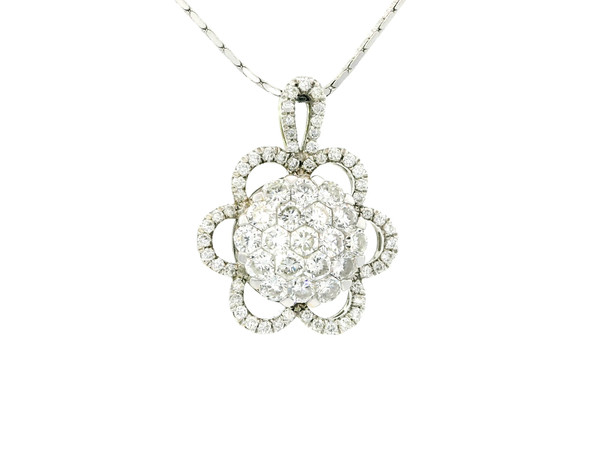 18K White Gold Diamond Flower Cluster Pendant Necklace SIM-10089