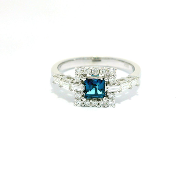 Blue Topaz Halo Ring with Baguette Accents in 18kt White Gold RPG-10382