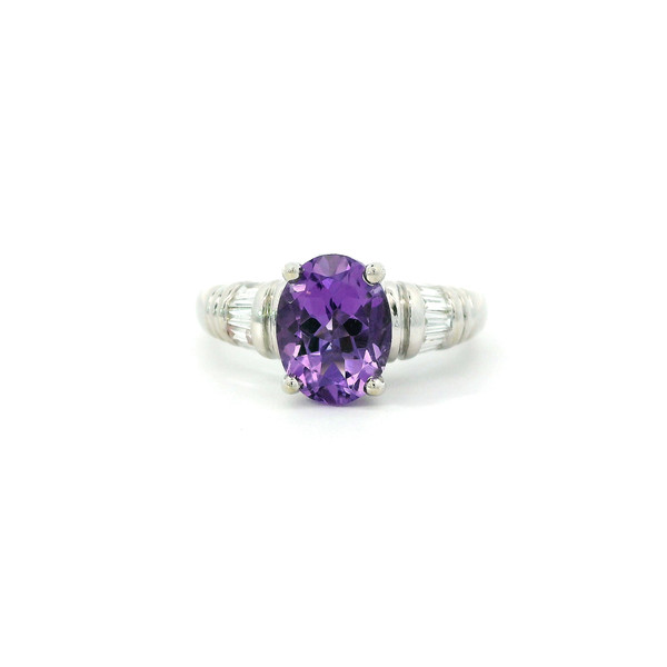 AMETHYST AND .20CT BAGUETTE DIAMOND RING 18KW RPG-10391