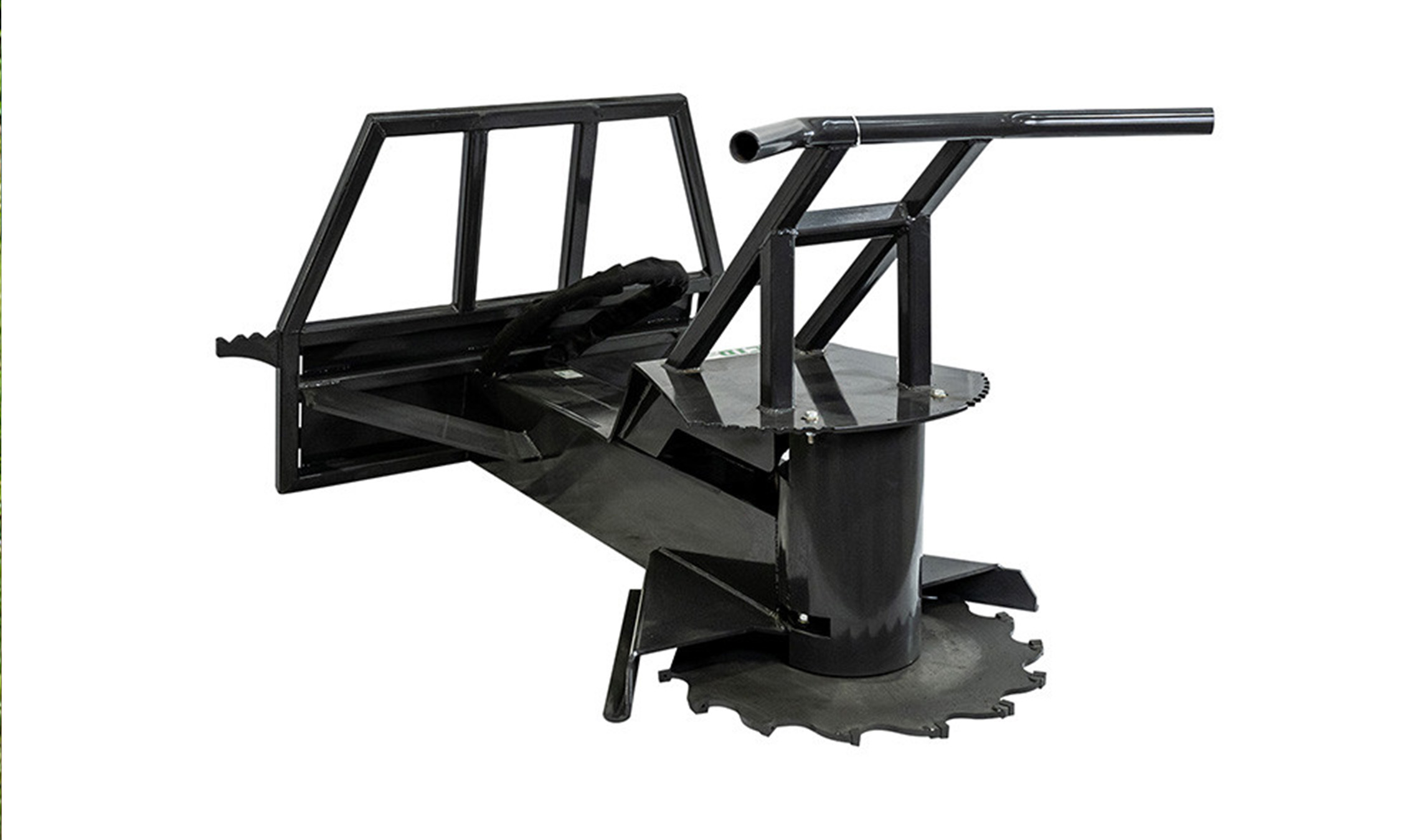 right angled white background product shot of a CID skid steer tree saw attachment