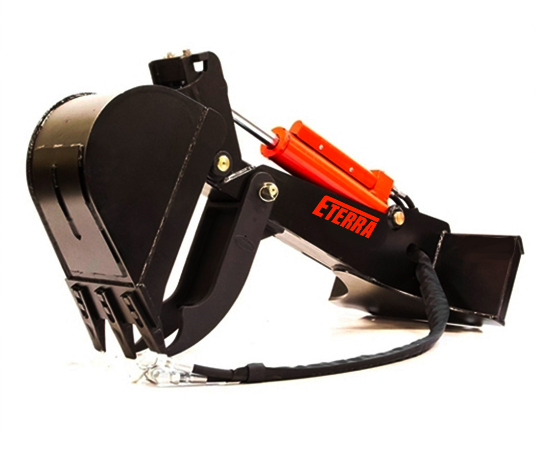 white background photo of the eterra mini skid steer E40 backhoe attachment