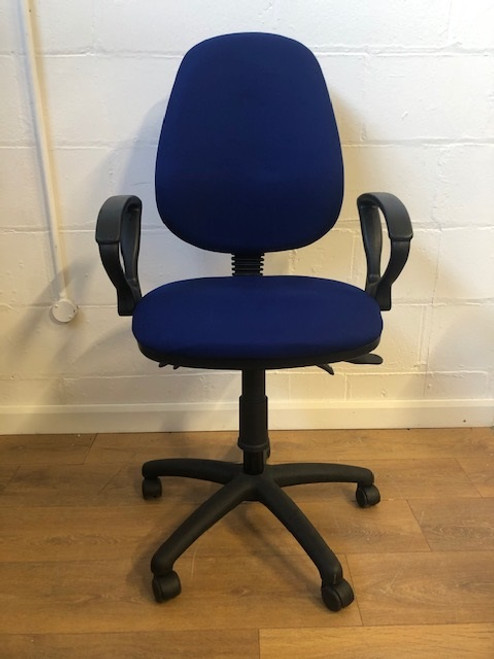 Blue task chairs with fixed armrests