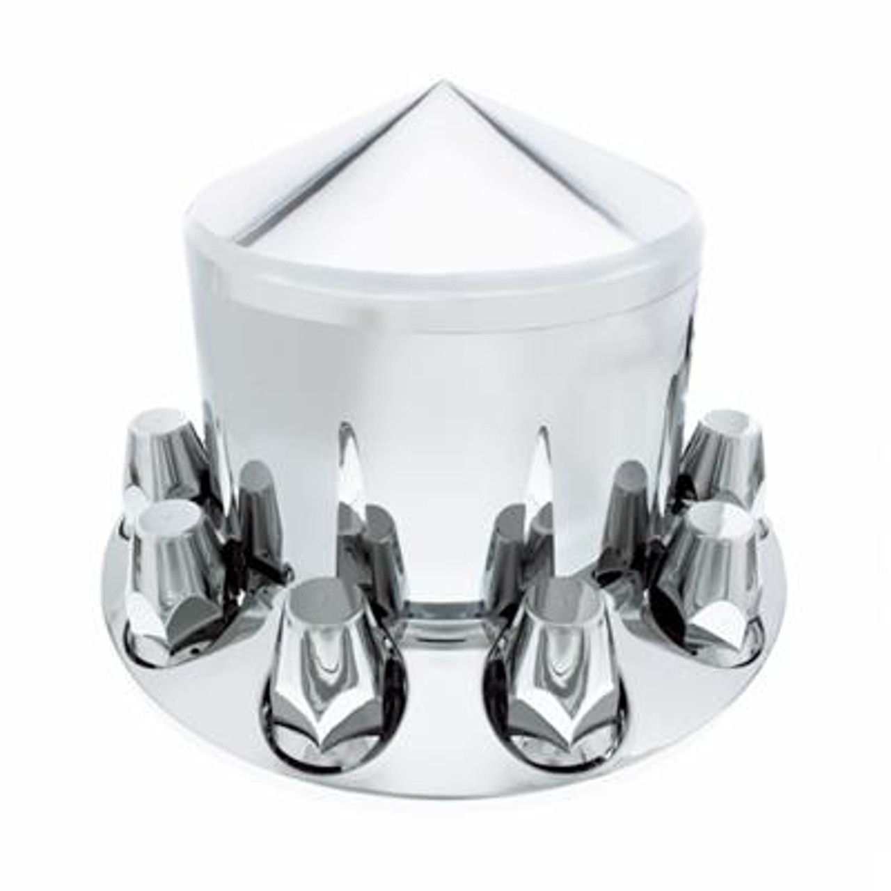 Add some flare to your big rig with some axle covers from United Pacific! We offer a wide selection of axle covers to choose from. Take your pick of chrome plastic or steel, dome or pointed, or even ones with spike thread-on nut covers.