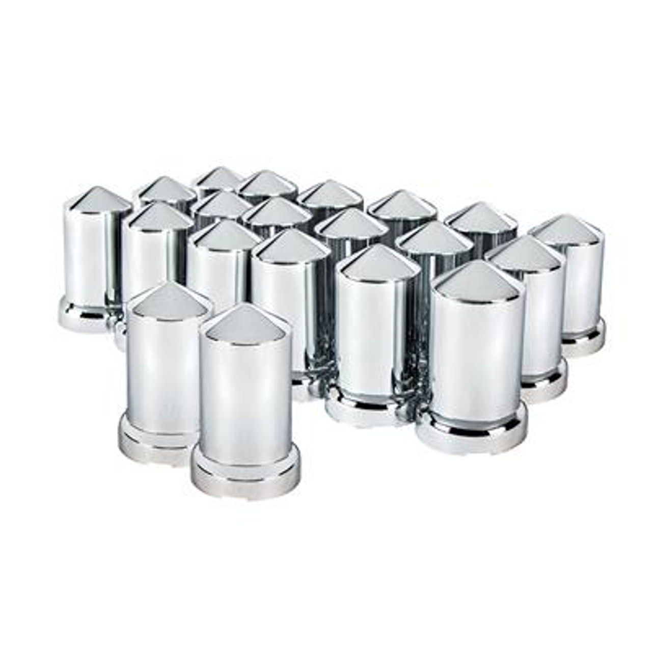 Chrome plastic pointed push-on nut cover for hex nuts and bolts.
Beautiful high quality chrome plated finish with triple chrome plating process.
Fits over standard 33mm lug nuts on hub piloted wheels.
Designed to cover up and hide the lug nut flange washer.
Convenience pack, includes 20 nut covers to dress up two wheels.