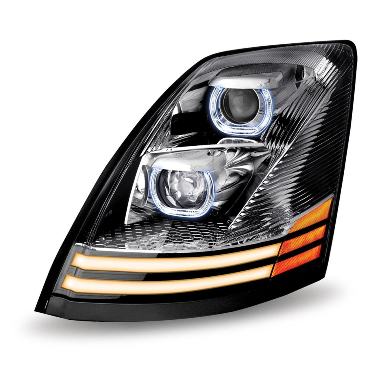 CHROME VOLVO VN/ VNL LED PROJECTOR HEADLIGHT ASSEMBLY WITH LED WITH DUAL FUNCTION LED STRIPS - DRIVER SIDE