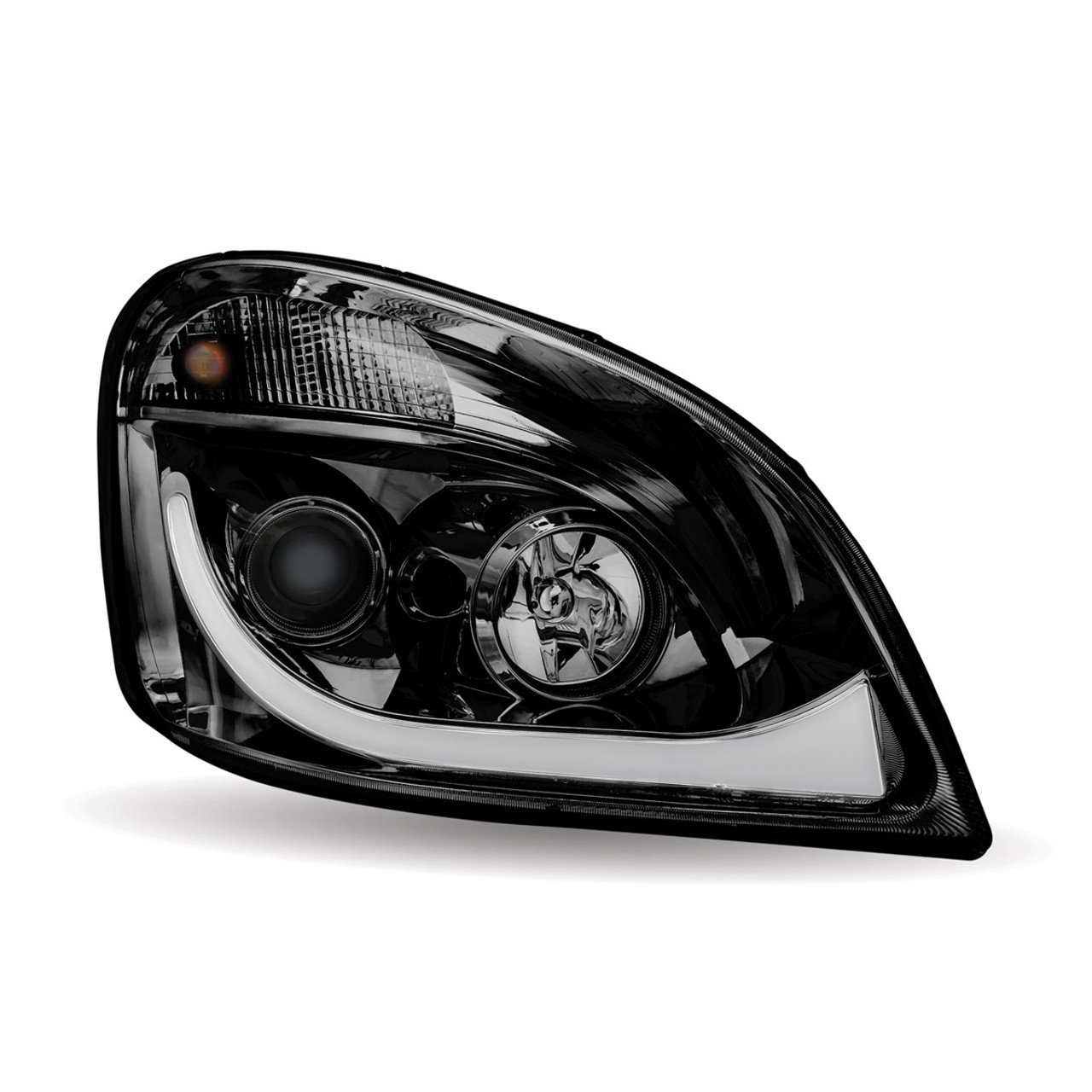 BLACK CHROME FREIGHTLINER CASCADIA LED PROJECTOR HEADLIGHT ASSEMBLY WITH DUAL FUNCTION LED STRIP - PASSENGER SIDE