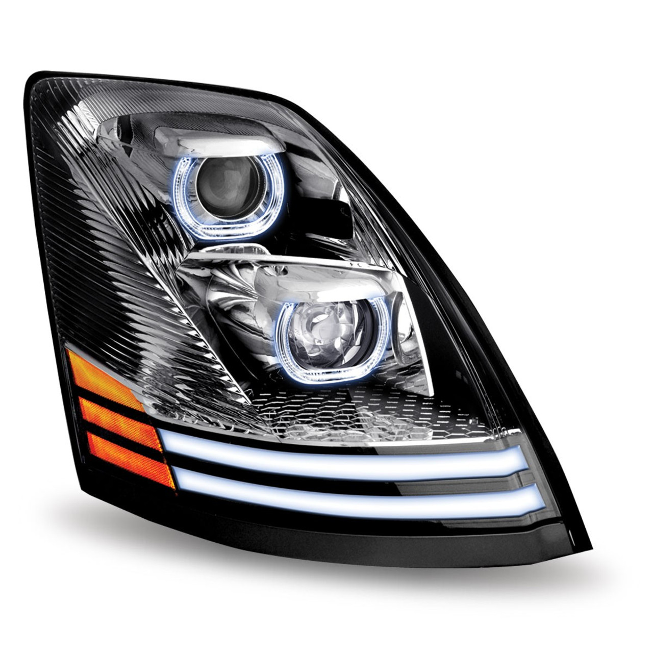 CHROME VOLVO VN/ VNL LED PROJECTOR HEADLIGHT ASSEMBLY WITH LED WITH DUAL FUNCTION LED STRIPS - PASSENGER SIDE