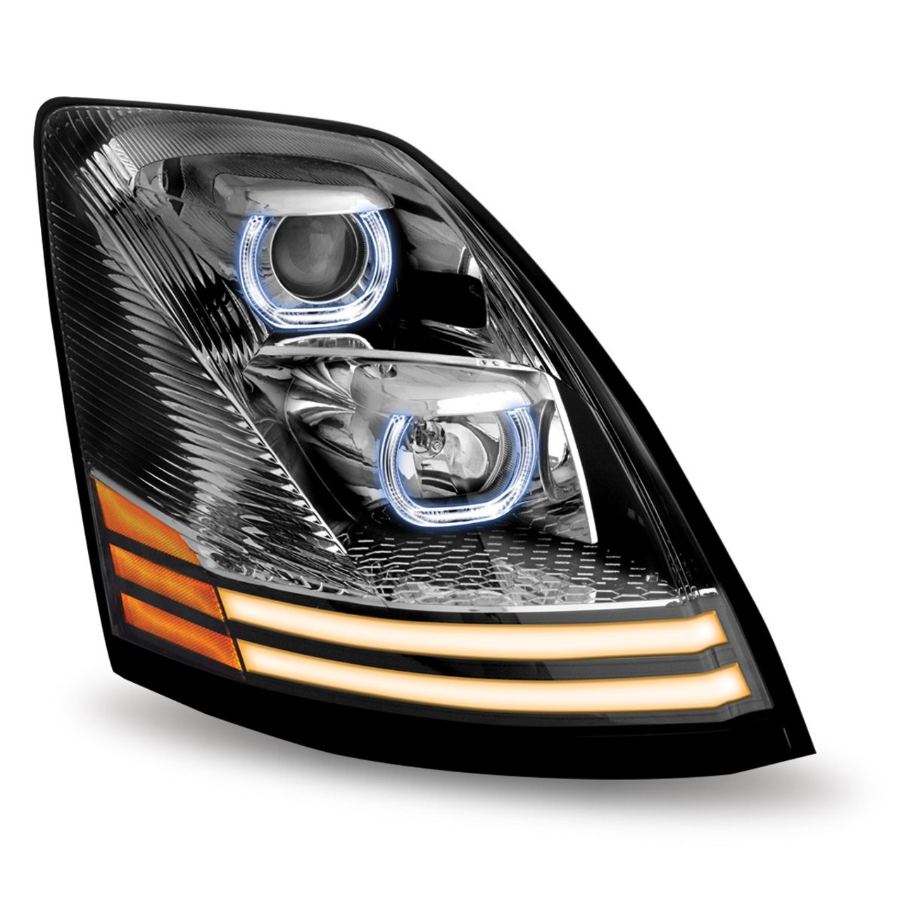 CHROME VOLVO VN/ VNL HALOGEN PROJECTOR HEADLIGHT ASSEMBLY WITH LED WITH DUAL FUNCTION LED STRIPS - PASSENGER SIDE