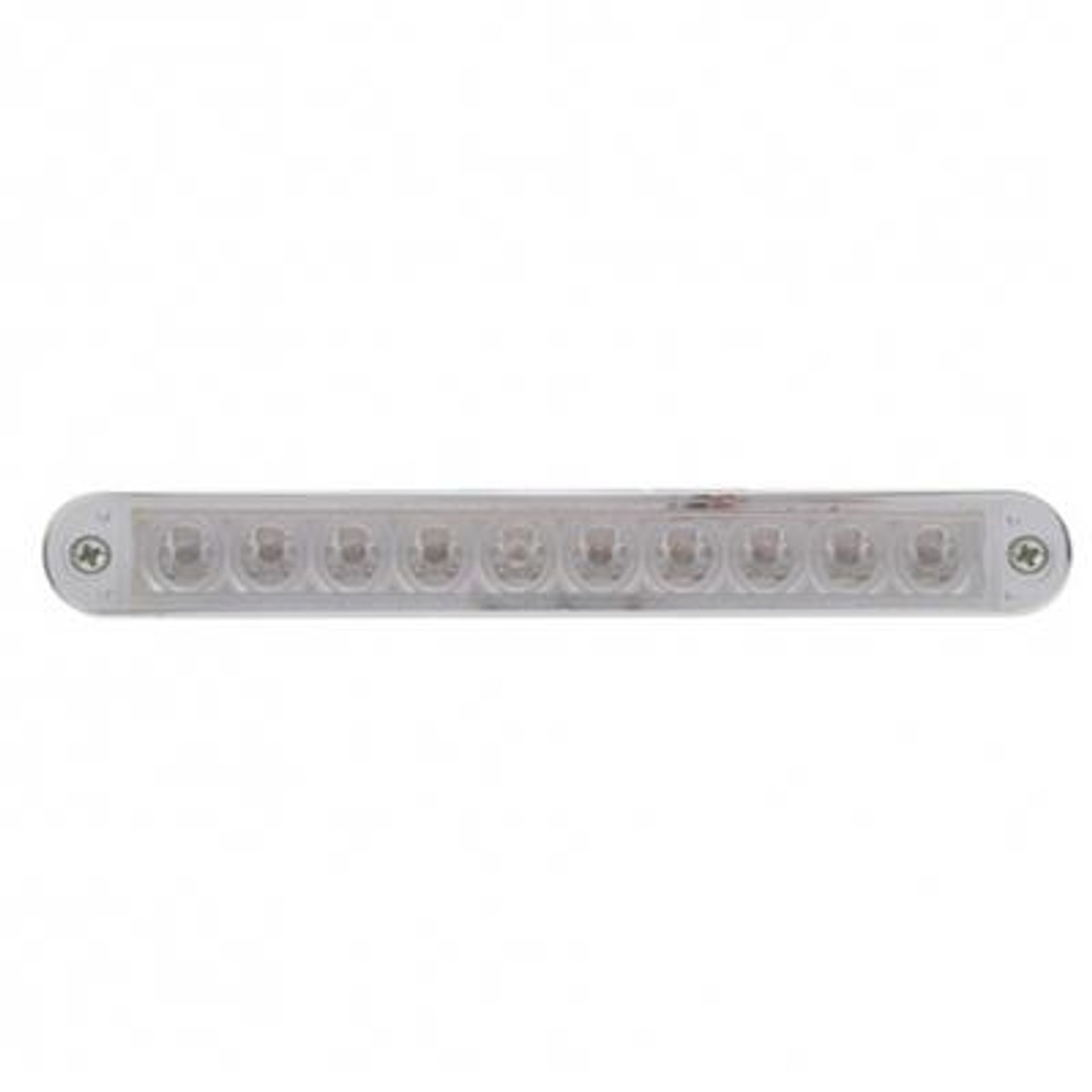 10 LED 6-1/2" light bar with chrome plastic bezel.
Polycarbonate lens sonically sealed to housing to prevent moisture intrusion.
Mounting screws can be moved to accommodate mounting distance from 2-1/4" to 4-7/8".
6-1/2" chrome plastic light bar bezel available separately: item # 30945B.
Red LED with clear lens light item # 39687B.