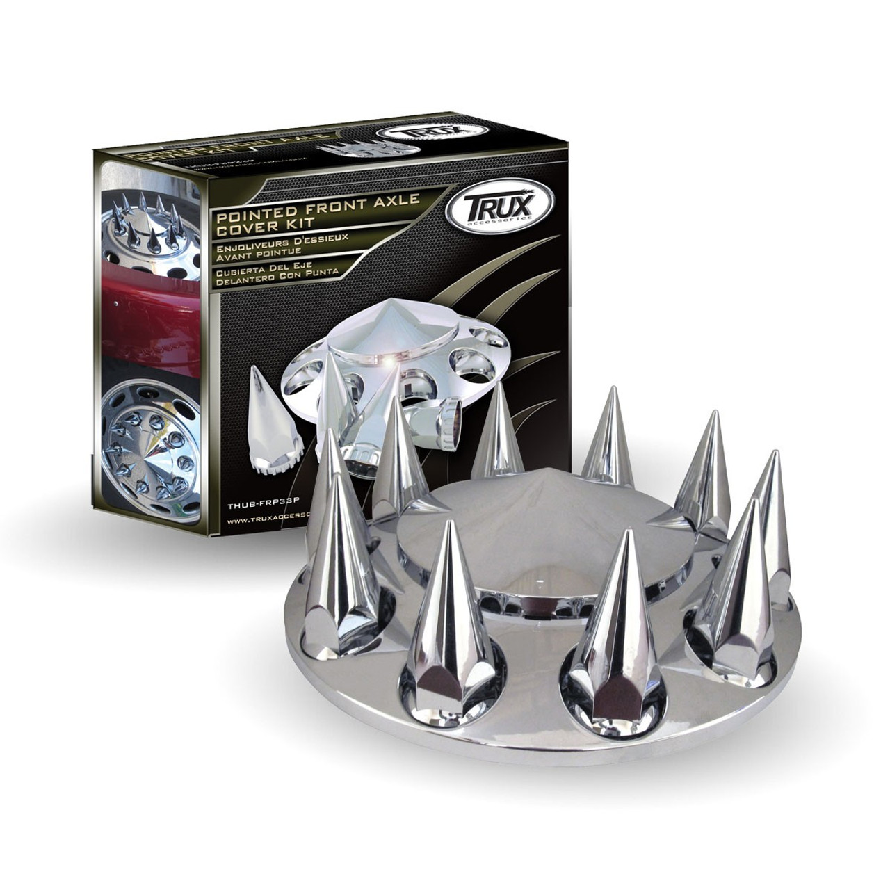 CHROME ABS PLASTIC FRONT POINTED AXLE COVER KIT WITH REMOVABLE CENTER CAP & 33MM THREADED POINTED NUT COVERS