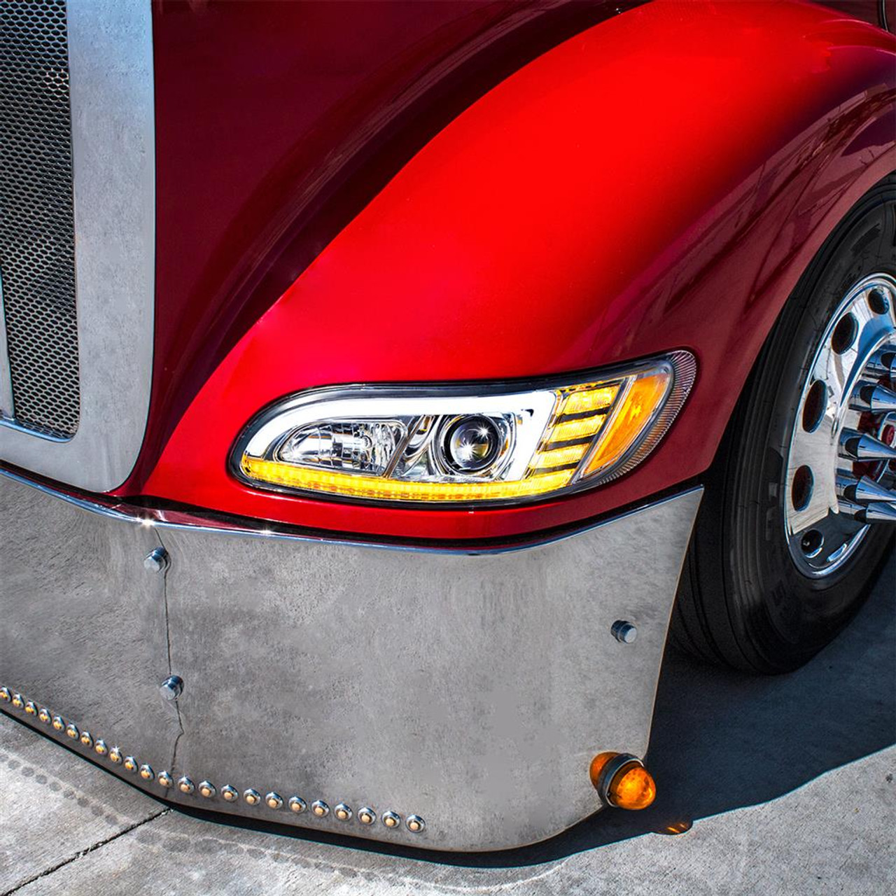 Chrome Projection Headlight With LED Sequential Turn & DRL For 2005-2015 Peterbilt 386- Driver