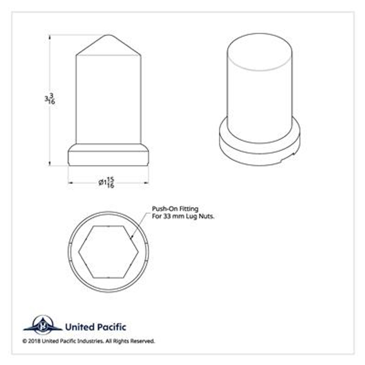 33mm X 3-3/16" Chrome Plastic Pointed Nut Cover With Flange - Push-On (Bulk)