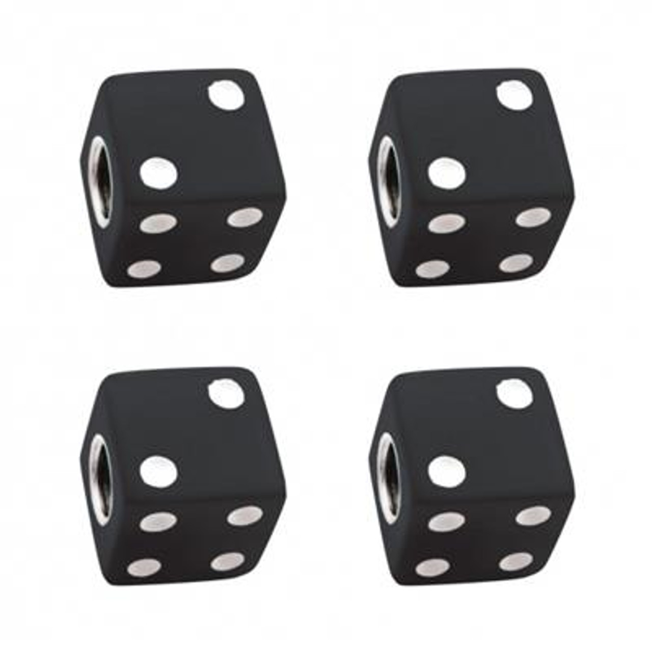 High quality plastic dice valve caps.
Black dice with white dots.
Universal design for cars, pickups, trucks and motorcycles, fits all standard valve stems.
Easy to install and no tools required, just screws valve cap onto tire valve stem.