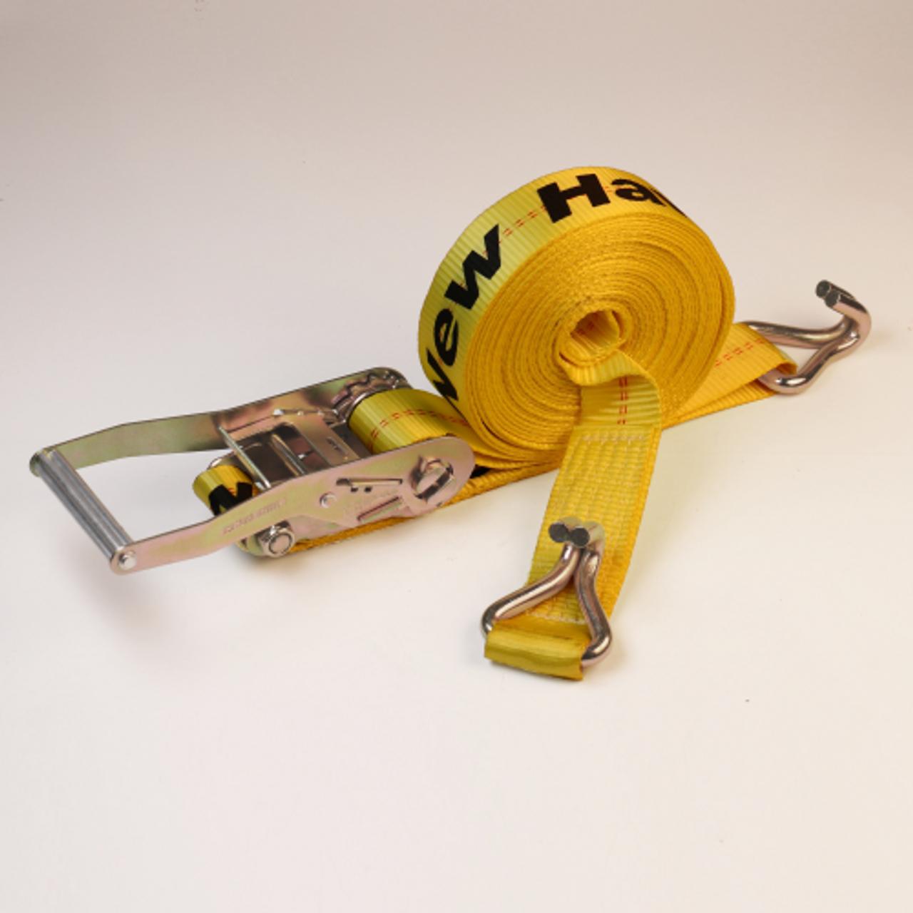 New Haven's Flatbed tiedown M10 ratchet strap, 2" x 30' with wire formed hooks. Working load limit 3,335 lbs. - Yellow