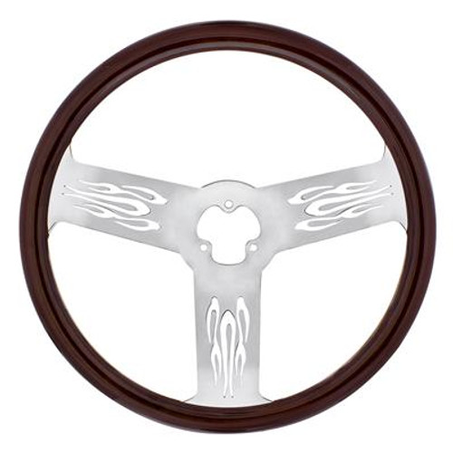 18" wood rim steering wheel with chrome spoke.
Steering wheel only, hub and horn assembly available separately.
Mix and match with United Pacific hub and designer horn bezel for a unique and distinctive look.