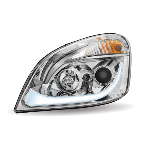 CHROME FREIGHTLINER CASCADIA LED PROJECTOR HEADLIGHT ASSEMBLY WITH DUAL FUNCTION LED STRIP - DRIVER SIDE
