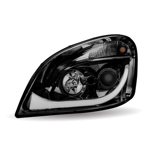 BLACK CHROME FREIGHTLINER CASCADIA LED PROJECTOR HEADLIGHT ASSEMBLY WITH DUAL FUNCTION LED STRIP - DRIVER SIDE