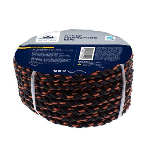 3/8" x 50' 3-Strand Twisted Black & Orange Polypropylene Rope