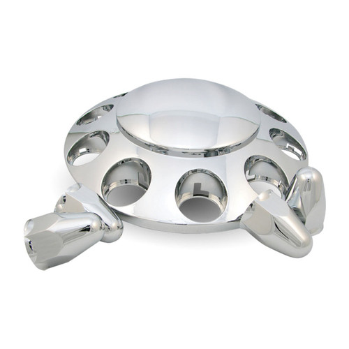 CHROME ABS PLASTIC FRONT AXLE COVER KIT WITH REMOVABLE CENTER CAP & 1 1/2" PUSH-ON NUT COVERS