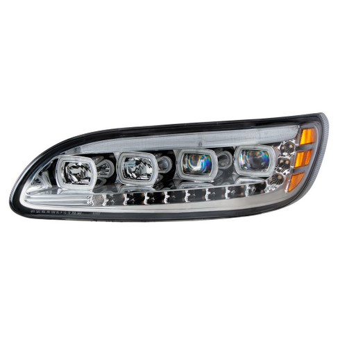 Chrome Quad-LED Headlight With LED DRL & Seq. Signal For 2005-2015 Peterbilt 386- passenger side