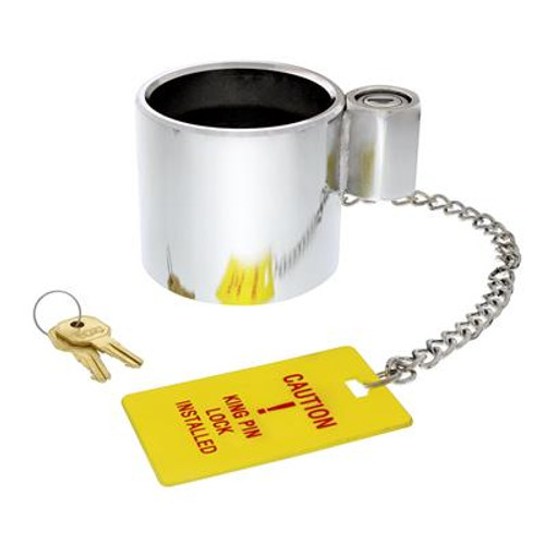 Heavy duty steel fifth wheel lock for standard 2" diameter fixed king pin.
Covers the entire king pin and prohibits its engagement with the fifth wheel.
Heavy duty slide bolt lock with 2 keys.
Trailer theft deterrent device.
Includes high visibility yellow warning tag with 12" chain.
Plastic lock cylinder access cover, help keeps dust and dirt away.
Chrome plated steel housing is 3-1/4" high and 3-1/2" in diameter.