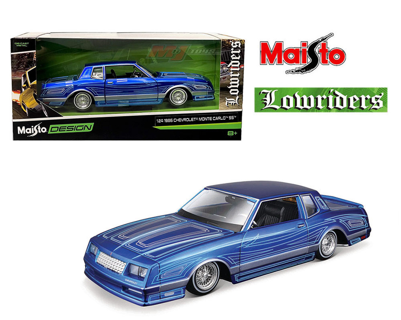 1986 CHEVROLET MONTE CARLO LOWRIDER BLUE 1/24 SCALE DIECAST CAR MODEL BY  MAISTO 32542