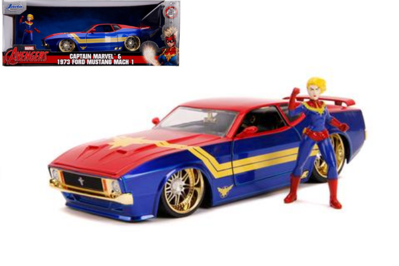 1973 FORD MUSTANG MACH 1 AVENGERS CAPTAIN MARVEL FIGURE 1/24 SCALE DIECAST  CAR MODEL BY JADA TOYS 31193