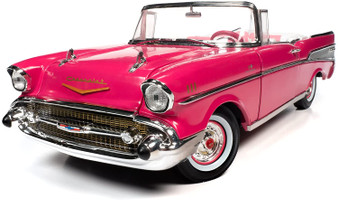 1957 CHEVROLET BEL AIR CONVERTIBLE BARBIE PINK 1/18 SCALE DIECAST CAR MODEL BY AUTO WORLD AWSS128

