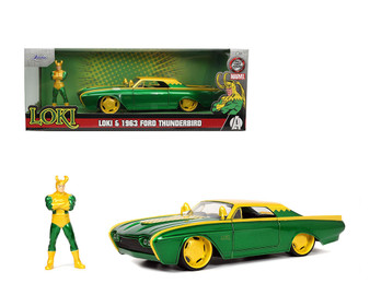 1963 FORD THUNDERBIRD MARVEL LOKI FIGURE HOLLYWOOD RIDES 1/24 SCALE DIECAST CAR MODEL BY JADA TOYS 33357