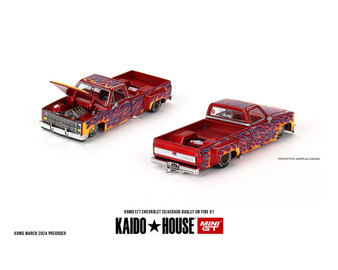 CHEVROLET SILVERADO DUALLY PICKUP TRUCK ON FIRE V1 RED WITH FLAMES  1/64 SCALE DIECAST CAR MODEL BY MINI GT KAIDO HOUSE KHMG127