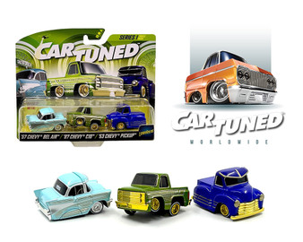 CAR TUNED SERIES 1 2024 3 PACK LOWRIDERS 1957 CHEVROLET BEL AIR C10 TRUCK  1/64 SCALE DIECAST CAR MODEL BY MGA 592525