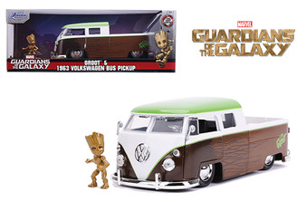 1963 VOLKSWAGEN BUS PICKUP TRUCK WITH GROOT FIGURE GOTG 1/24 SCALE DIECAST CAR MODEL BY JADA 31202