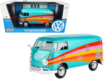 VOLKSWAGEN TYPE 2 T1 DELIVERY VAN PEACE TURQUOISE 1/24 SCALE DIECAST CAR MODEL BY MOTOR MAX 79583