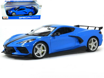 2020 CHEVROLET CORVETTE STINGRAY C8 HIGH WING BLUE WITH BLACK STRIPES 1/18 SCALE DIECAST CAR MODEL BY MAISTO 31455

