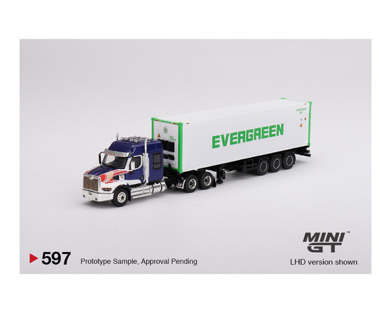 WESTERN STAR 49X SEMI TRUCK WITH 40' REEFER CONTAINER EVERGREEN 1/64 SCALE DIECAST CAR MODEL BY MINI GT MGT00597-L
