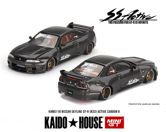 NISSAN SKYLINE GT-R R33 ACTIVE CARBON R 1/64 SCALE DIECAST CAR MODEL BY MINI GT KAIDO HOUSE KHMG116