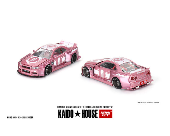 NISSAN SKYLINE GT-R R34 V1 RACING FACTORY PINK 1/64 SCALE DIECAST CAR MODEL BY MINI GT KAIDO HOUSE KHMG128