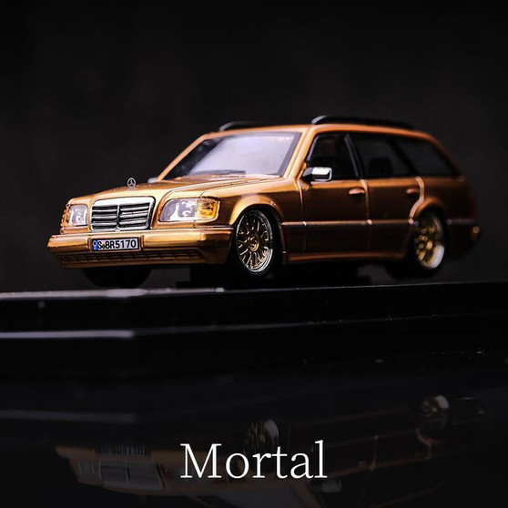 MERCEDES BENZ S124 STATION WAGON LOWERED GOLD WITH GOLDEN WHEELS 1/64 SCALE DIECAST CAR MODEL BY MORTAL MORMBBL