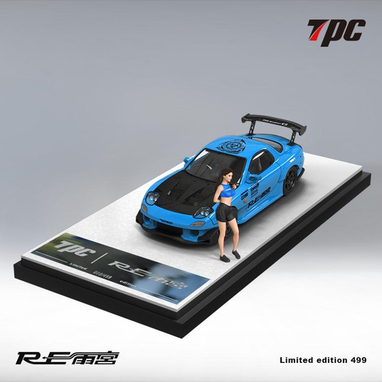 MAZDA RX-7 BLUE WITH CARBON FIBER HOOD & FIGURE 1/64 SCALE DIECAST CAR MODEL BY TPC TPCMAZBLBKFIG