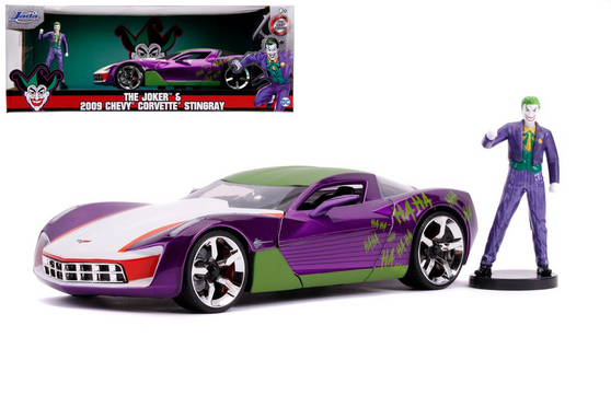 2009 CHEVROLET CORVETTE STINGRAY CONCEPT JOKER FIGURE HOLLYWOOD RIDES 1/24 SCALE DIECAST CAR MODEL BY JADA TOYS 31199