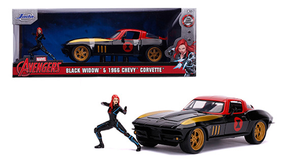 1966 CHEVROLET CORVETTE BLACK WIDOW FIGURE MARVEL AVENGERS  1/24 SCALE DIECAST CAR MODEL BY JADA TOYS 31749