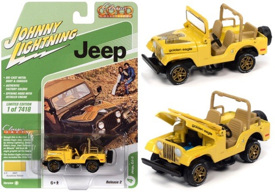 JEEP CJ-5 SUNSHINE YELLOW WITH GOLDEN EAGLE GRAPHICS 1/64 SCALE DIECAST CAR MODEL BY JOHNNY LIGHTNING JLSP150