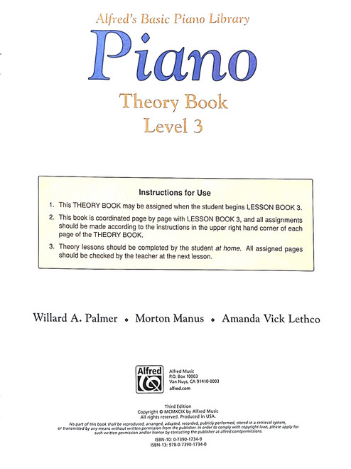 Alfred's Basic Piano Library Theory Book Level 3 Alfred's Basic Piano Library Theory Book Level 3