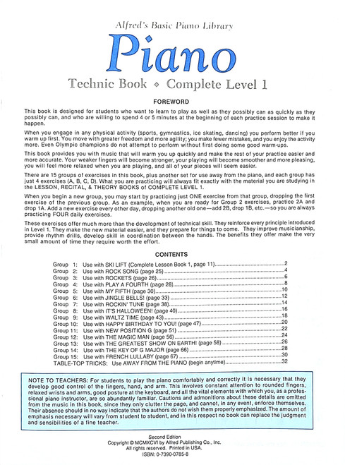 Alfred's Basic Piano Library Technic Book Complete Level 1