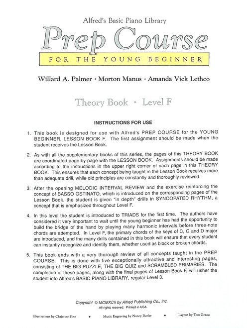 Alfred's Basic Piano Library Prep Course Theory Book Level F Alfred's Basic Piano Library Prep Course Theory Book Level F