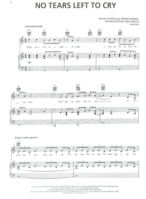 No Tears Left To  Cry by Ariana Grande Piano/Vocal/Guitar Sheet Music