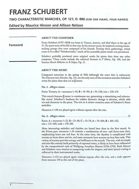 Schubert - Two Characteristic Marches - Op 121; D. 886 - 1 Piano, 4 hands - w/ CD Schubert - Two Characteristic Marches - Op 121; D. 886 - 1 Piano, 4 hands - w/ CD