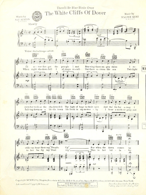 Used/Vintage Sheet Music - There'll Be Blue Birds Over the White Cliffs of Dover