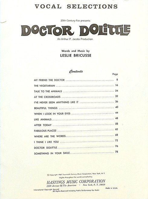 USED/VINTAGE BOOK - Doctor Dolittle Vocal Selections USED/VINTAGE BOOK - Doctor Dolittle Vocal Selections